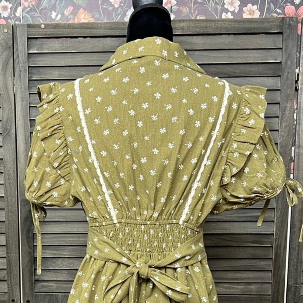 Bohme Olive Green Ditsy Floral 100% Cotton Puff Sleeve Mini Dress S NWOT Smocked - Picture 6 of 10